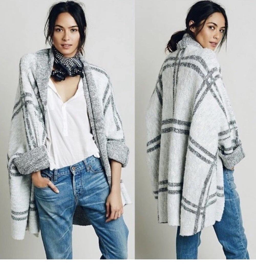 Free People Cardigan Jacket XS/S Windowpane Oversized Plaid Cream Black Boho